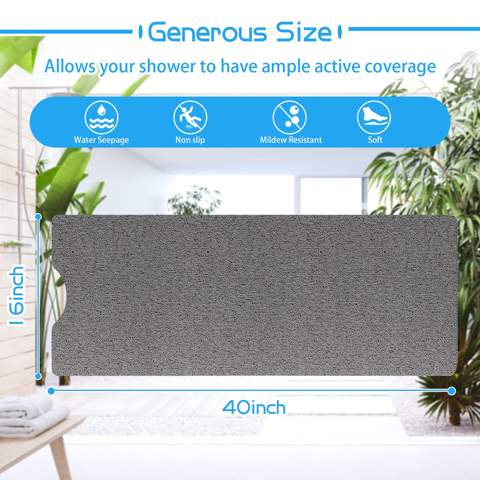 Oxtail Bathtub Mat Non Slip Shower Soft Pvc Loofah Bath Tub Mats For Bathroom 16''X40'', Grey